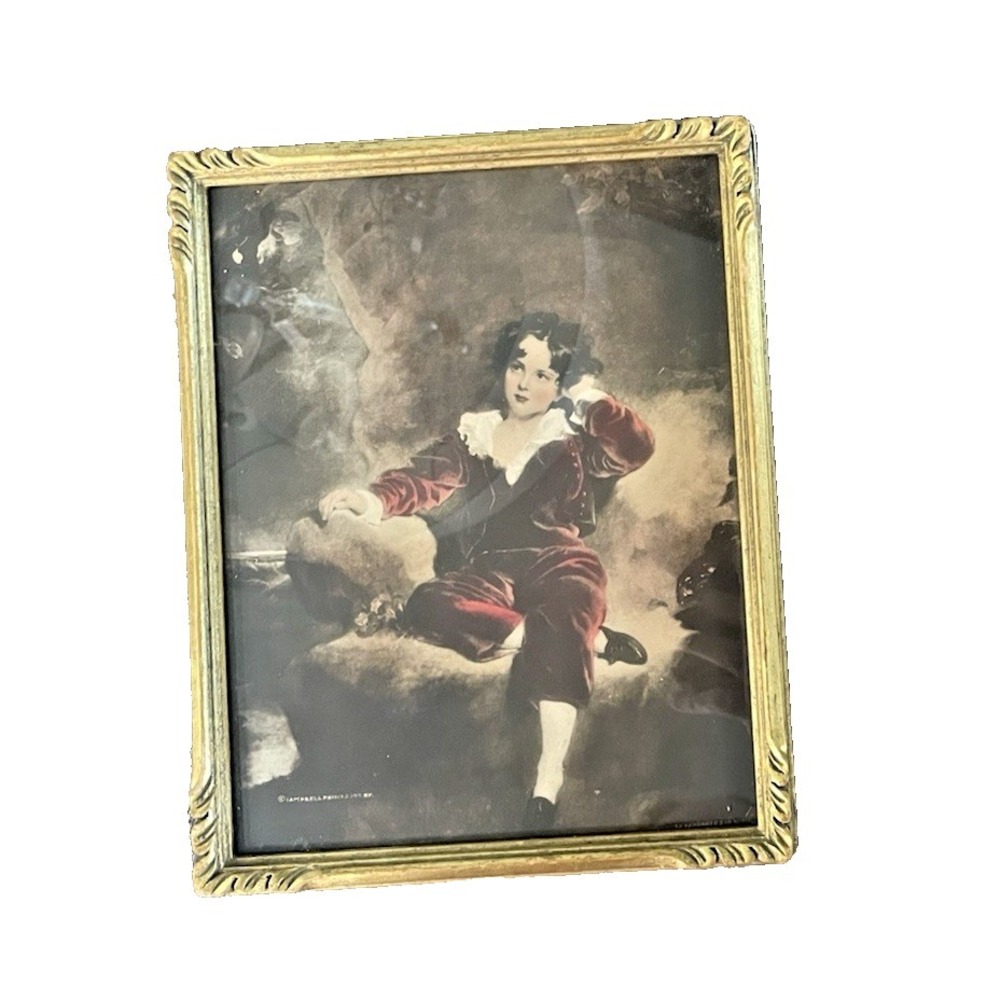 Vtg Framed Under Glass Print The Red Boy 7.5" x 9.5" Wood Gold Gilt Frame